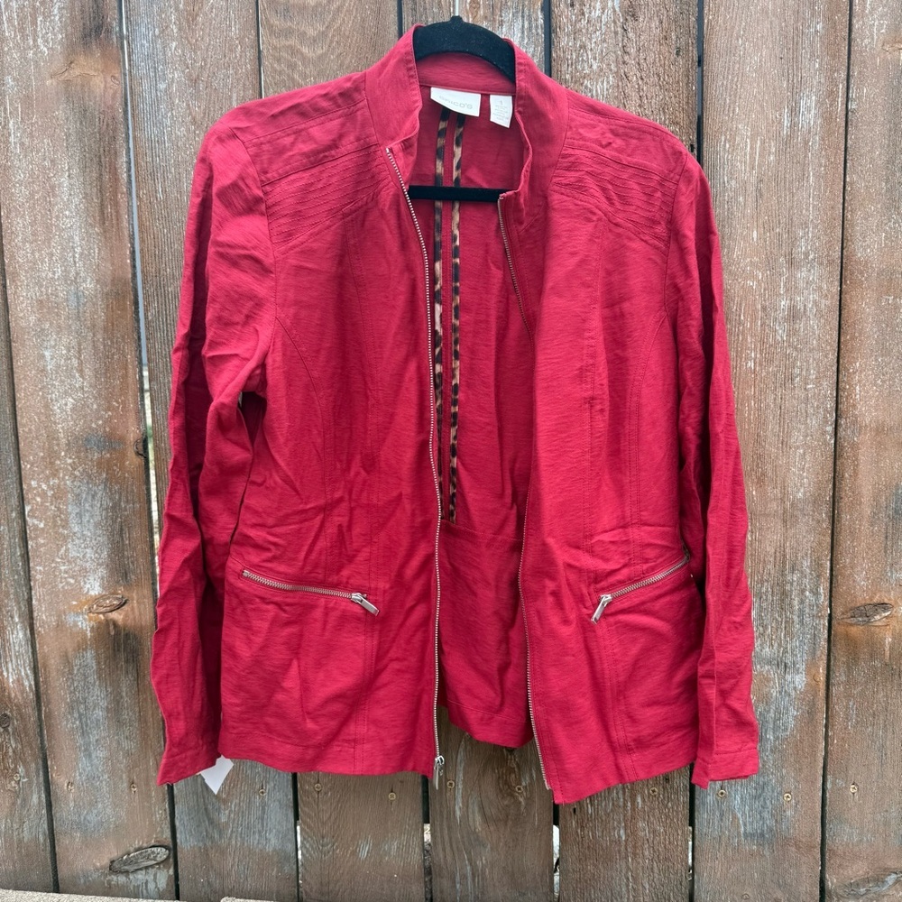 Chico's Women’s Red Lightweight Full Zip Fitted Blazer Jacket Size 1 Medium - Picture 2 of 11